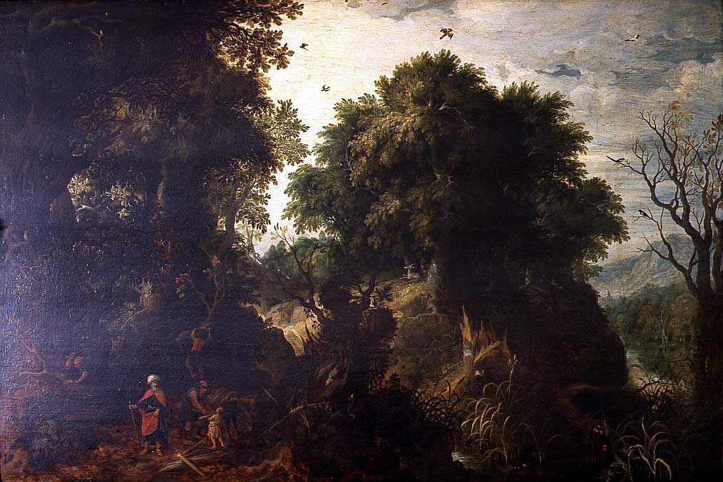 Paesaggio boscoso con Abramo e Isacco, paesaggio con alberi con sacrificio di Isacco (dipinto, opera isolata) di Govaerts Abraham (sec. XVII)