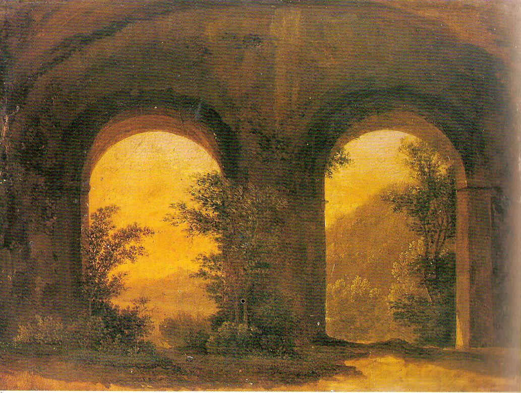 Paesaggio visto attraverso gli archi di un antico edificio, paesaggio con architetture (dipinto, opera isolata) - ambito europeo (sec. XVIII)