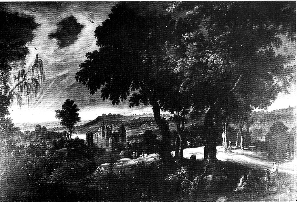 Paesaggio fiammingo con viandanti, contadina con cesta e uomo con bastone si dirigono verso un castelletto (dipinto, opera isolata) - ambito fiammingo (inizio sec. XVII)
