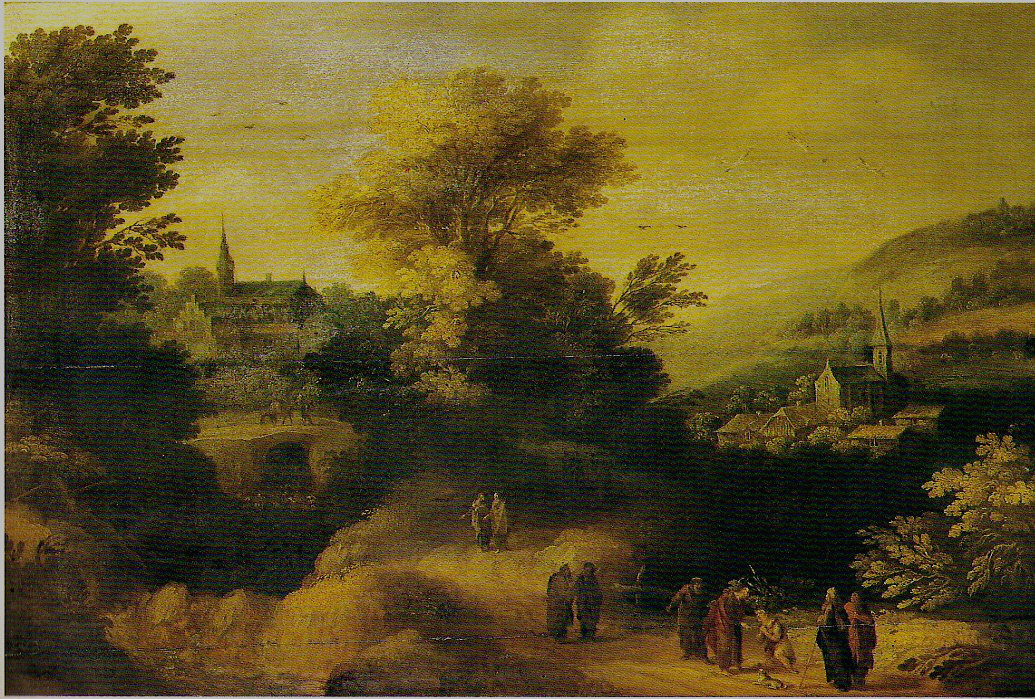 Paesaggio con la guarigione del cieco, paesaggio con Tobi cieco (dipinto, opera isolata) - ambito fiammingo (prima metà sec. XVII)