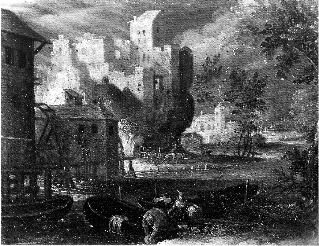 Paesaggio con mulino e lavandaie, paesaggio (dipinto, serie) di Savery Roeland (attribuito) (sec. XVII)