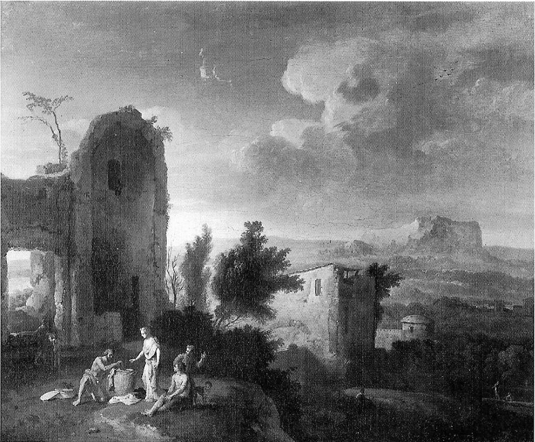Paesaggio con rovine, paesaggio con rovine (dipinto, opera isolata) di Hoet Gerard (inizio sec. XVIII)