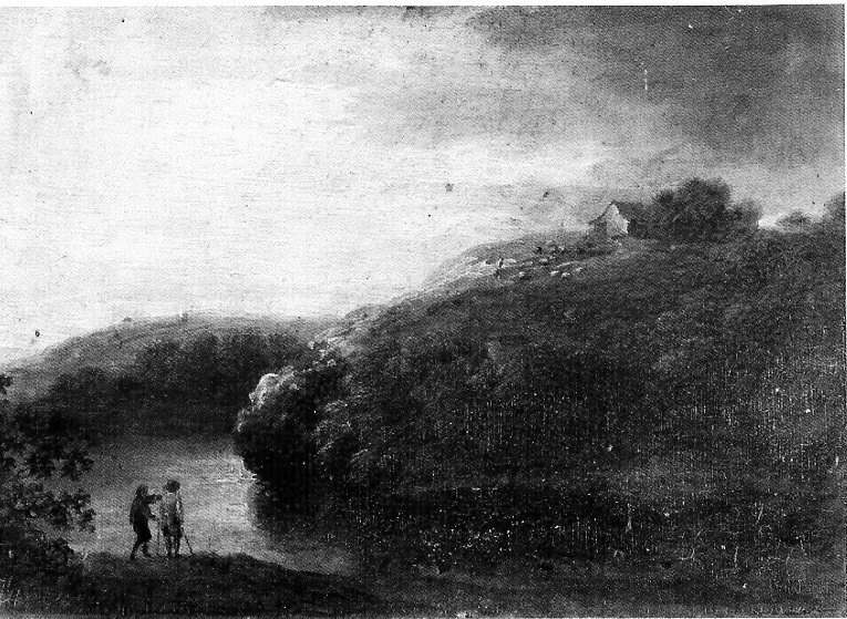 Paesaggio con due figure e un fiume, paesaggio con due figure maschili e un fiume (dipinto, opera isolata) - ambito Europa centro-settentrionale (prima metà sec. XVII)