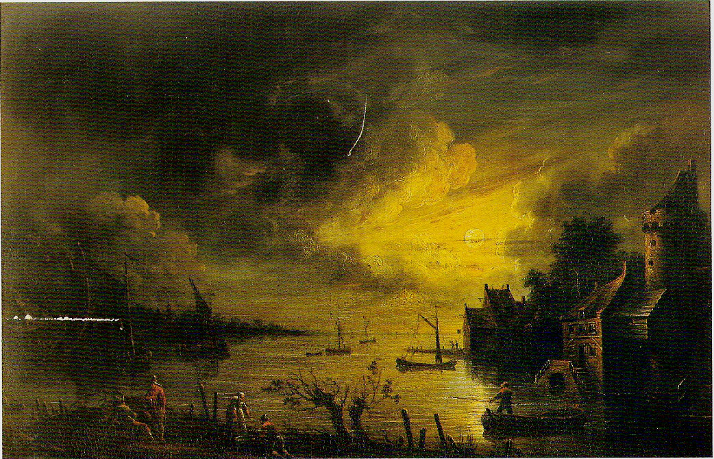 Marina di notte, marina con pescatori e barche (dipinto, opera isolata) di Van der Neer Aert (maniera) - ambito di Neer Aert van der (sec. XVII)