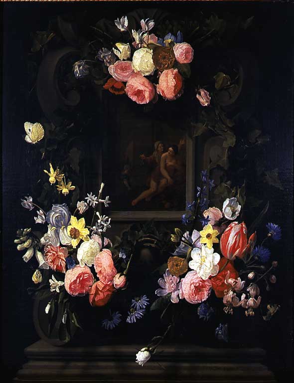 Ghirlanda di fiori con Vertumno e Pomona, Vertumno e Pomona (dipinto, opera isolata) di Van Thielen Jan Philips (sec. XVII)
