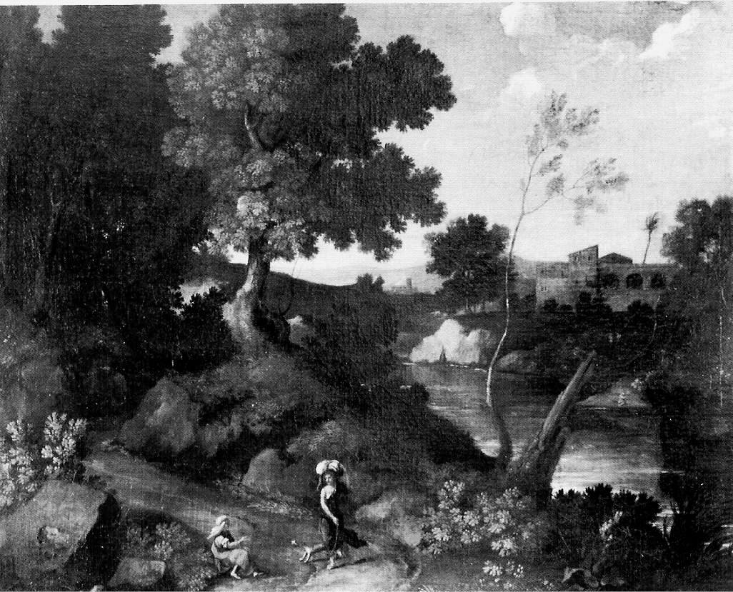 Paesaggio classico con figure, paesaggio con figure femminili a colloquio (dipinto, opera isolata) di Dughet Gaspard detto Pussino (maniera) (sec. XVII)