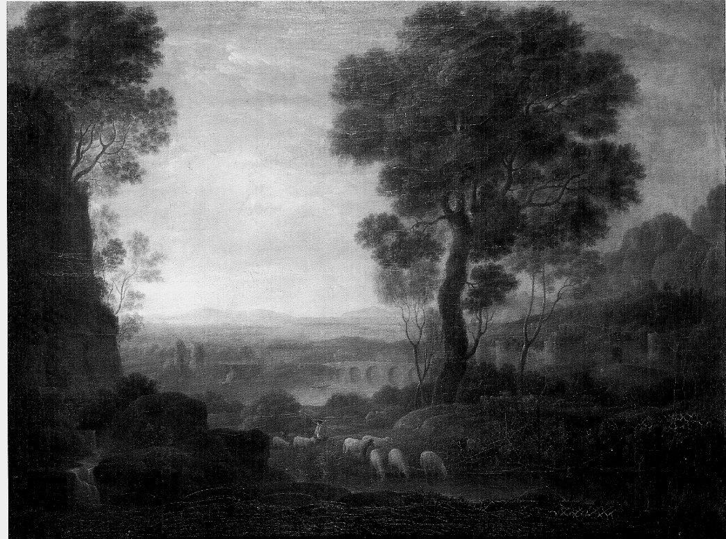 Paesaggio con gregge al fiume, paesaggio fluviale con animali (dipinto, opera isolata) di Gellée Claude detto Lorrain Claude (maniera) - imitatore di Lorrain Claude (sec. XVII)
