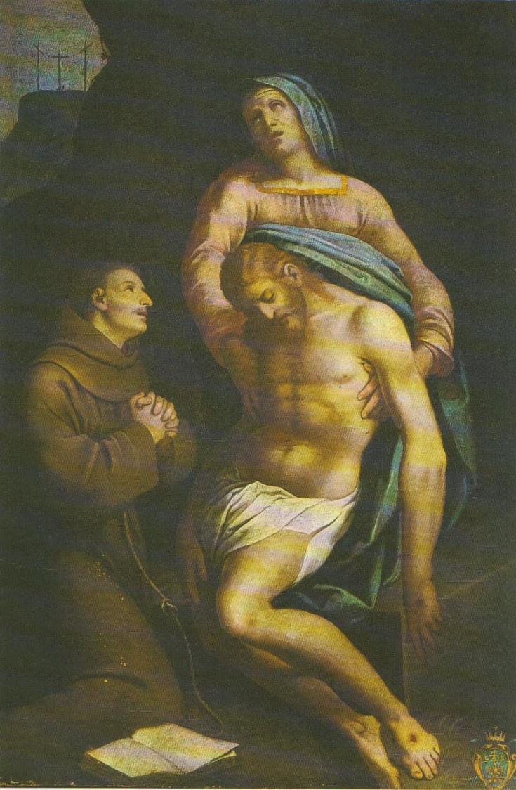 Pietà venerata da San Francesco, Cristo in pietà con San Francesco (dipinto, opera isolata) di Ceresa Carlo (attribuito) (sec. XVII)