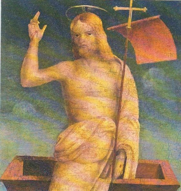 Cristo risorto tra i santi Sebastiano, Liberale, Nicola e Rosso, Cristo risorto tra San Sebastiano, San Liberale,San Nicola e San Rosso (predella, frammento) di Lorenzo di Giovanni De Carolis da Matelica detto Giuda (sec. XVI)