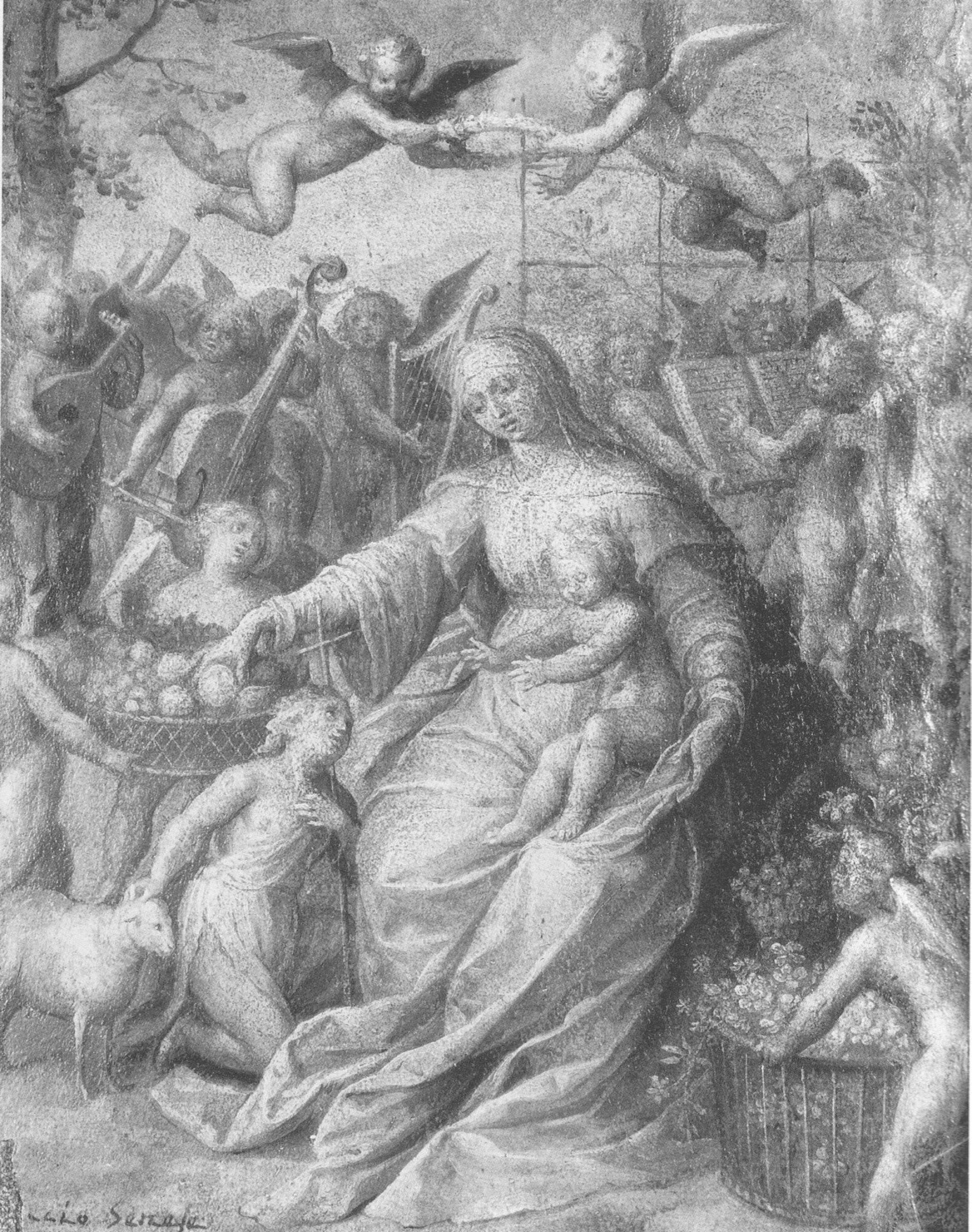 Madonna con il Bambino, San Giovannino e angeli, Madonna con Bambino, San Giovannino e angeli musicanti (dipinto, opera isolata) - ambito senese (seconda metà sec. XVI)