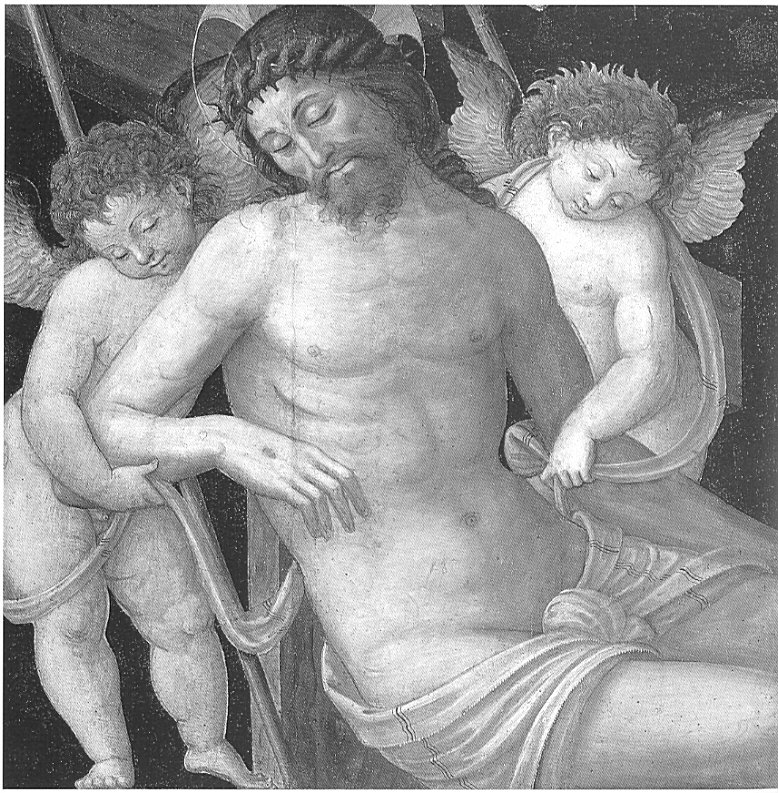 Cristo morto tra due angeli, Cristo in pietà sorretto da angeli (dipinto, frammento) di Aleotti Antonio (attribuito) (sec. XVI)