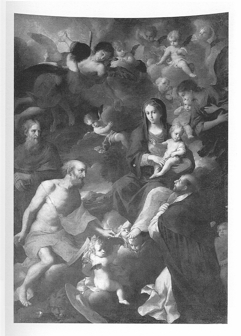 La Madonna con il bambino in gloria d'angeli e i Santi Domenico, Girolamoe Antonio Abate, Madonna con Bambino in gloria e con San Domenico, San Girolamo e con Sant'Antonio Abate (dipinto, opera isolata) - ambito bolognese; cerchia di Cignani Carlo (fine sec. XVII)