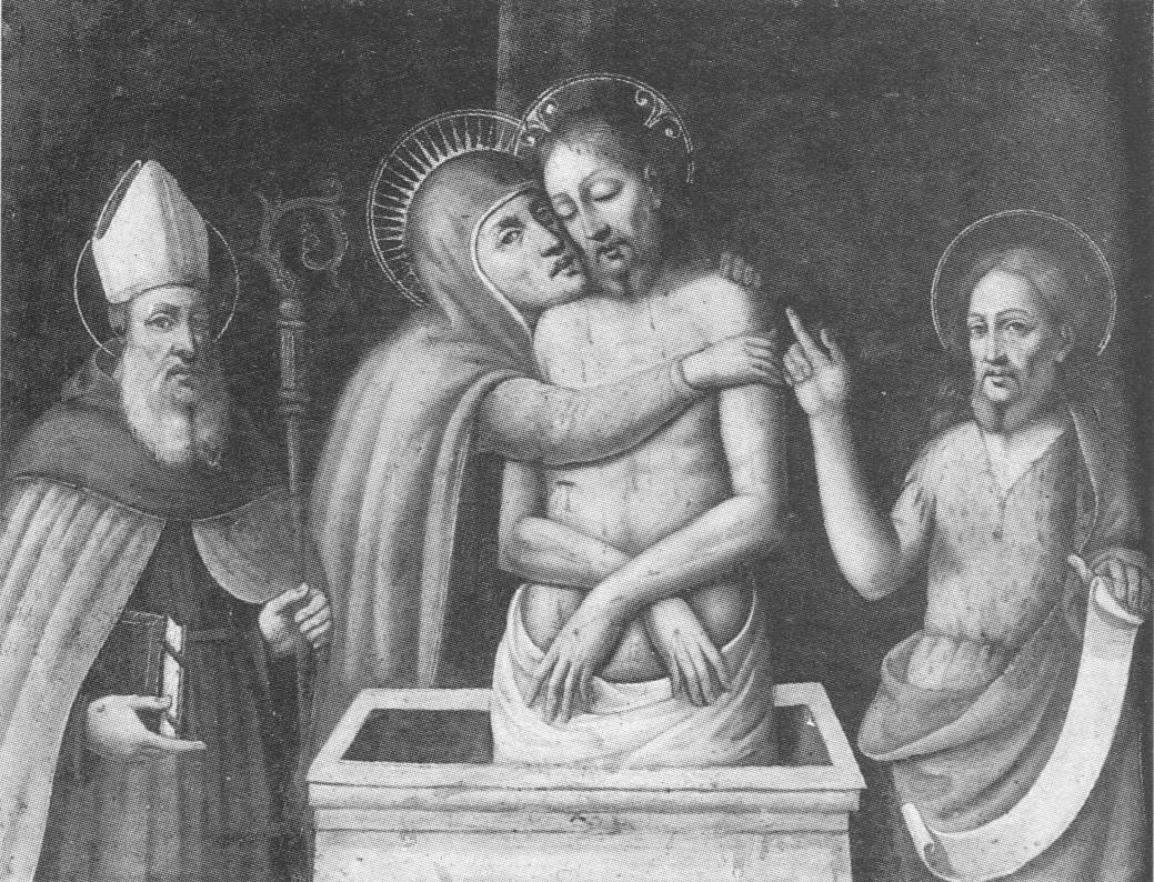 La Pietà, San Giovanni Battista e un Santo Vescovo, Cristo in pietà tra la Madonna e San Giovanni Evangelista e con Santo vescovo (dipinto, opera isolata) - ambito lombardo (?) (sec. XVI)