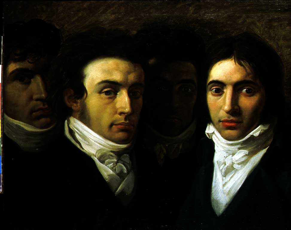 Autoritratto con Gaetano Cattaneo, Carlo Porta e Giuseppe Taverna, autoritratto (Giuseppe Bossi) con ritratto di Gaetano Cattaneo, Carlo Porta e Giuseppe Taverna (dipinto, opera isolata) di Bossi Giuseppe (sec. XIX)