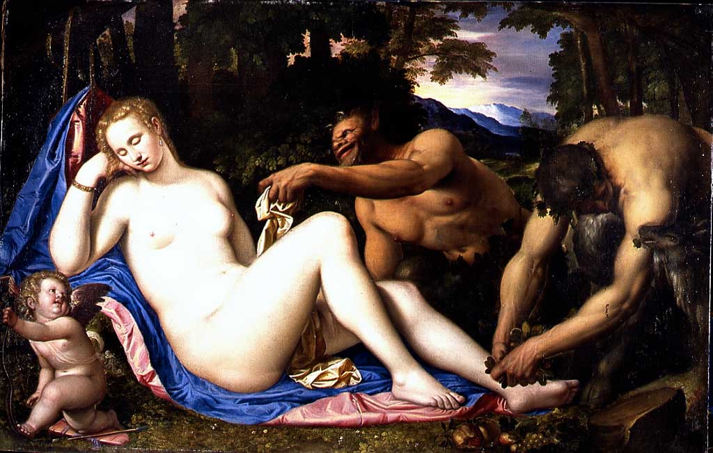 Venere e Cupido con due satiri nel paesaggio, Venere e Cupido con due satiri (dipinto, opera isolata) di Peterzano Simone (sec. XVI)