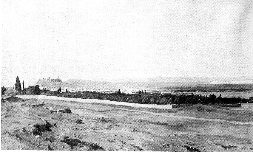Giardino di Patiza con panorama di Atene, paesaggio con veduta di Atene (dipinto, opera isolata) di Pasini Alberto (sec. XIX)