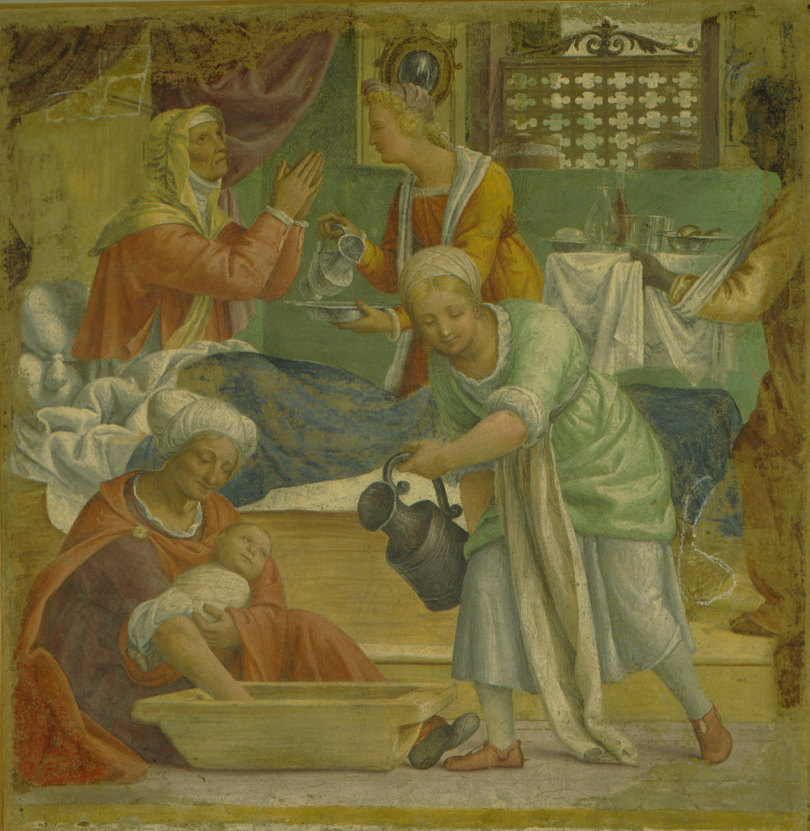 Natività della Vergine, nascita di Maria Vergine (dipinto, ciclo) di Luini Bernardino (primo quarto sec. XVI)