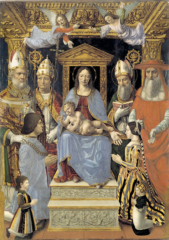 Pala Sforzesca, Madonna in trono con Bambino, i Dottori della Chiesa e la famiglia di Ludovico il Moro (dipinto) - ambito lombardo (sec. XV)