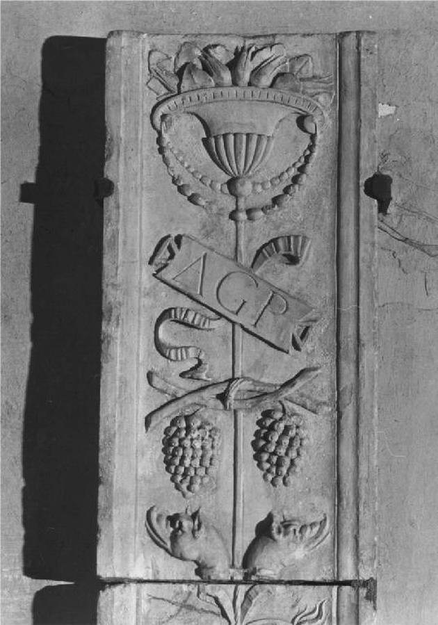 teste di cani, grappoli d'uva, cartiglio e vaso ad urna (lesena, frammento) - produzione lombarda (sec. XVI)