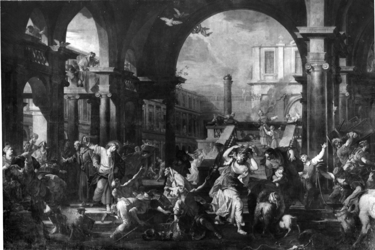 Cristo caccia i mercanti dal tempio (dipinto, opera isolata) di Trevisani Angelo (sec. XVIII)