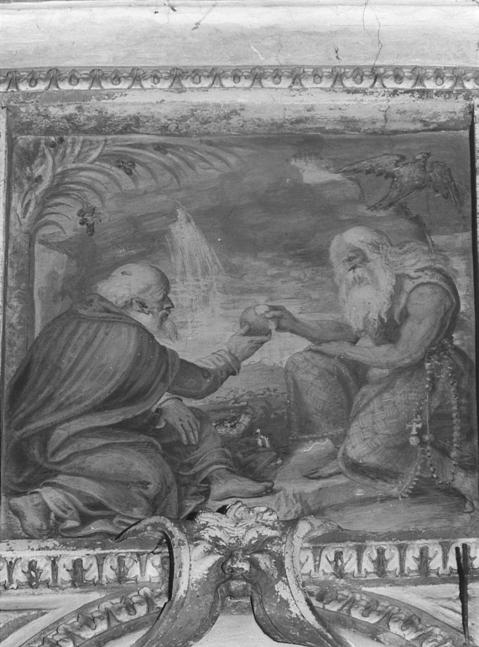 Sant'Antonio Abate e San Paolo Eremita nutriti da un corvo (dipinto, elemento d'insieme) - ambito lombardo (sec. XVII)