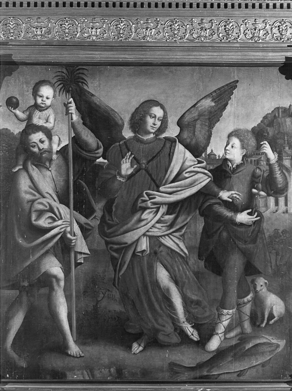 Tobia, San Raffaele arcangelo e San Cristoforo (dipinto, opera isolata) di Lanino Bernardino (attribuito) (sec. XVI)