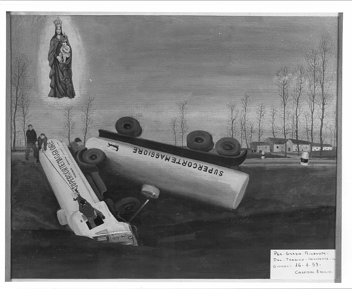 apparizione della Madonna a un uomo in difficoltà (ex voto, opera isolata) - ambito italiano (sec. XX)