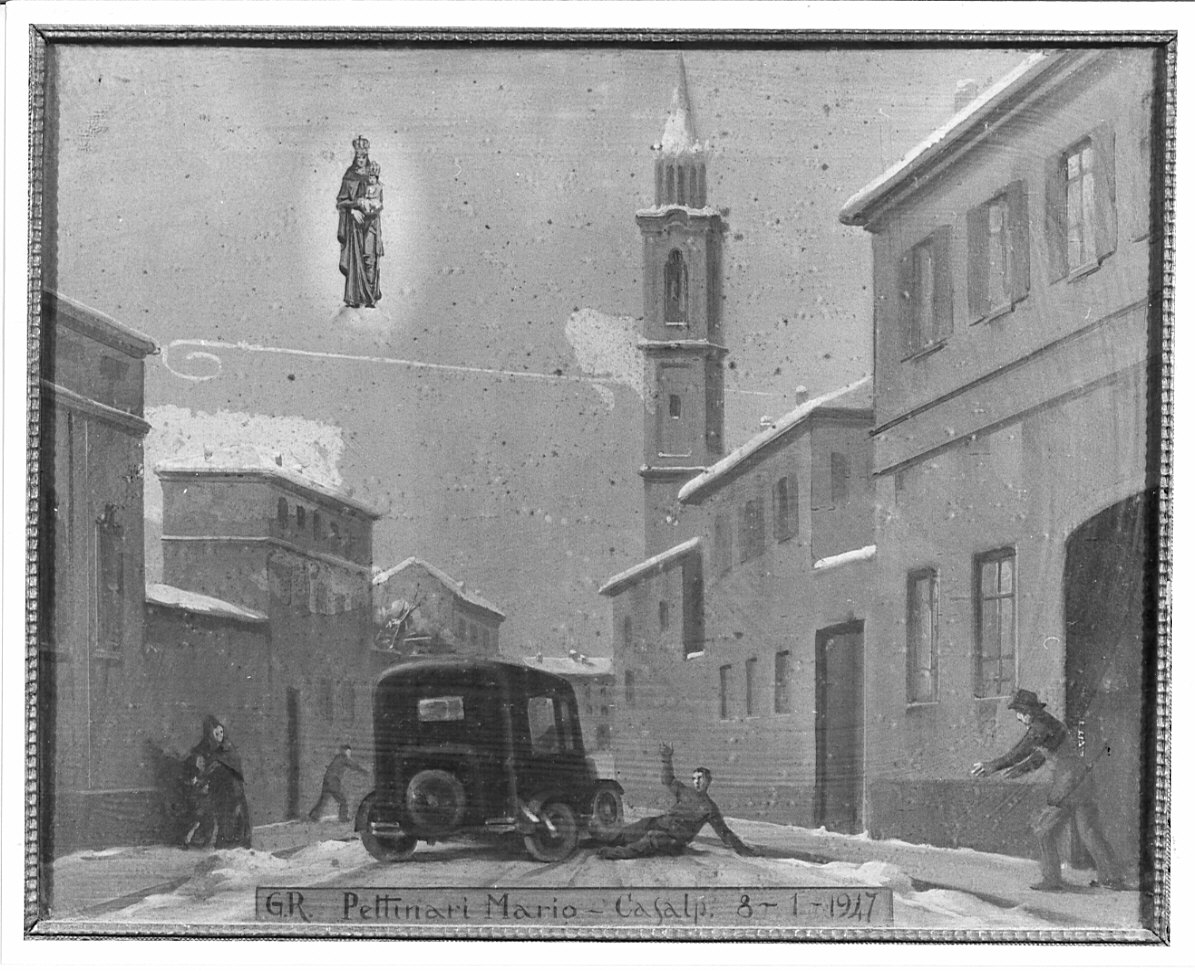 apparizione della Madonna a un uomo in difficoltà (ex voto, opera isolata) - ambito italiano (sec. XX)