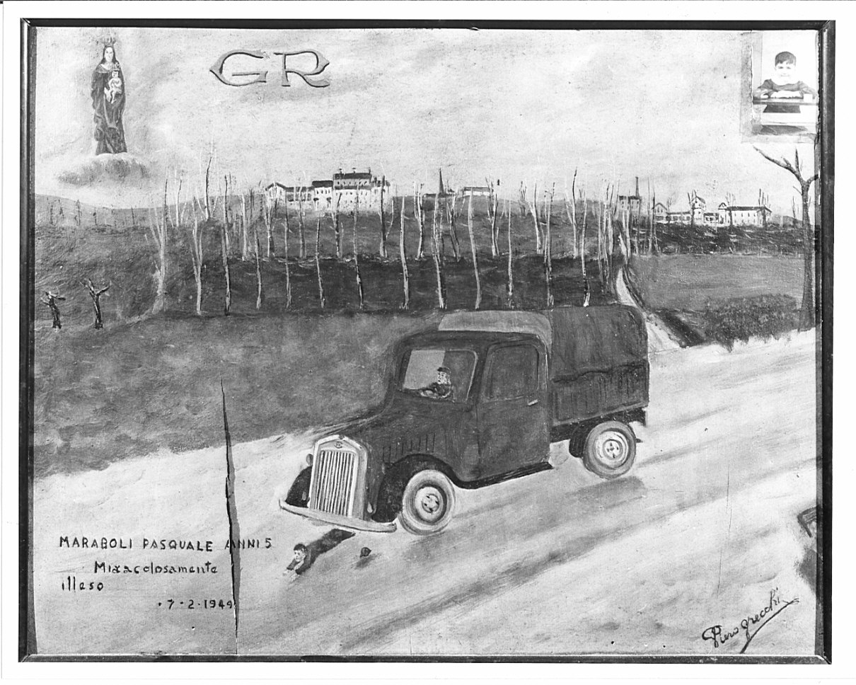 apparizione della Madonna a un bambino in difficoltà (ex voto, opera isolata) - ambito italiano (sec. XX)