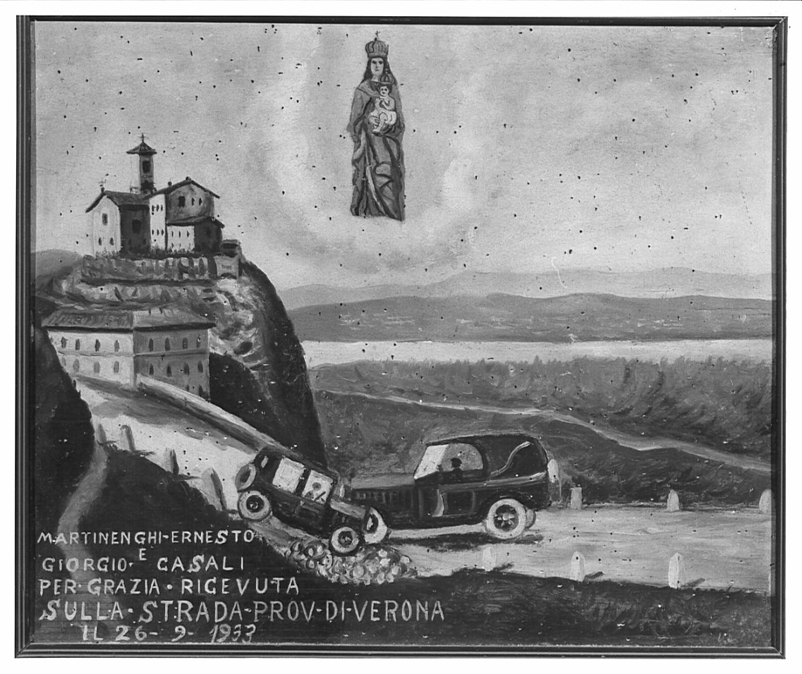 apparizione della Madonna a due uomini in difficoltà (ex voto, opera isolata) - ambito italiano (sec. XX)