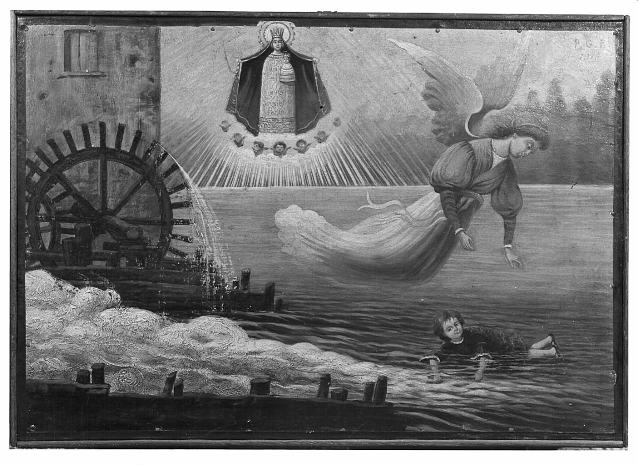 apparizione della Madonna e di un angelo a un bambino in difficoltà (ex voto, opera isolata) - ambito italiano (sec. XX)