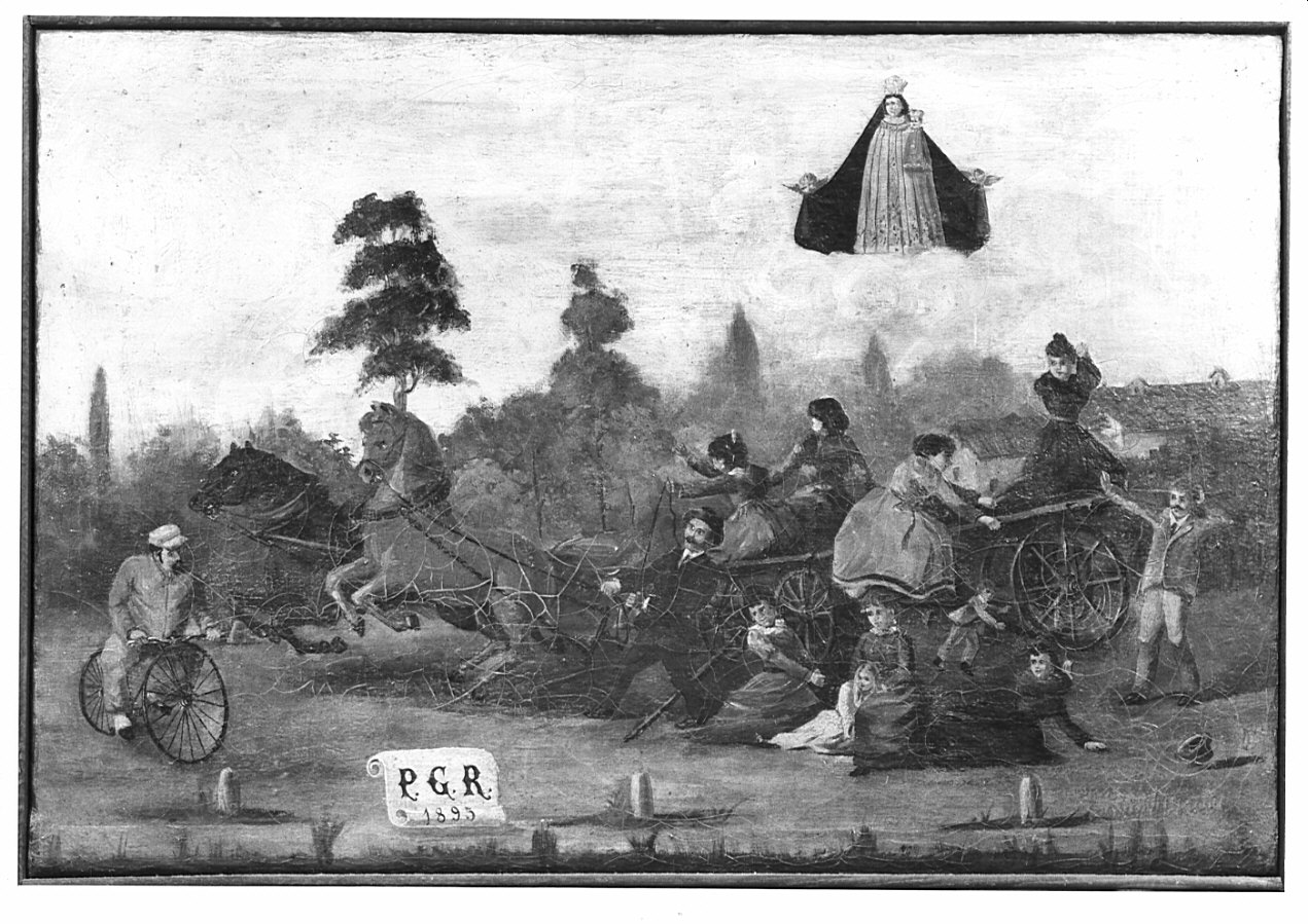 apparizione della Madonna a un uomini e donne in difficoltà (ex voto, opera isolata) - ambito italiano (sec. XIX)