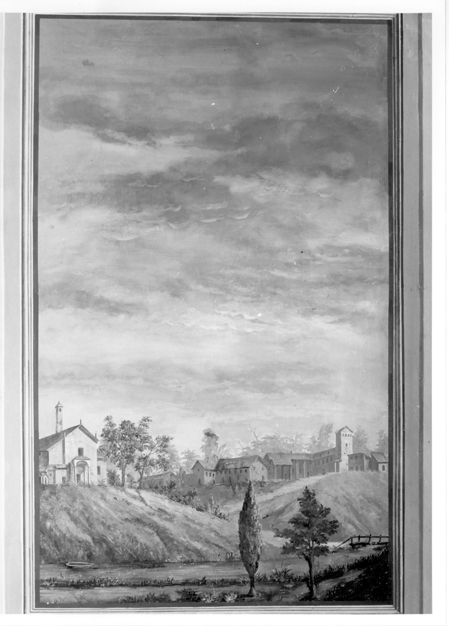 paesaggio con chiesa e cascine (dipinto, opera isolata) - ambito lombardo (sec. XVIII)
