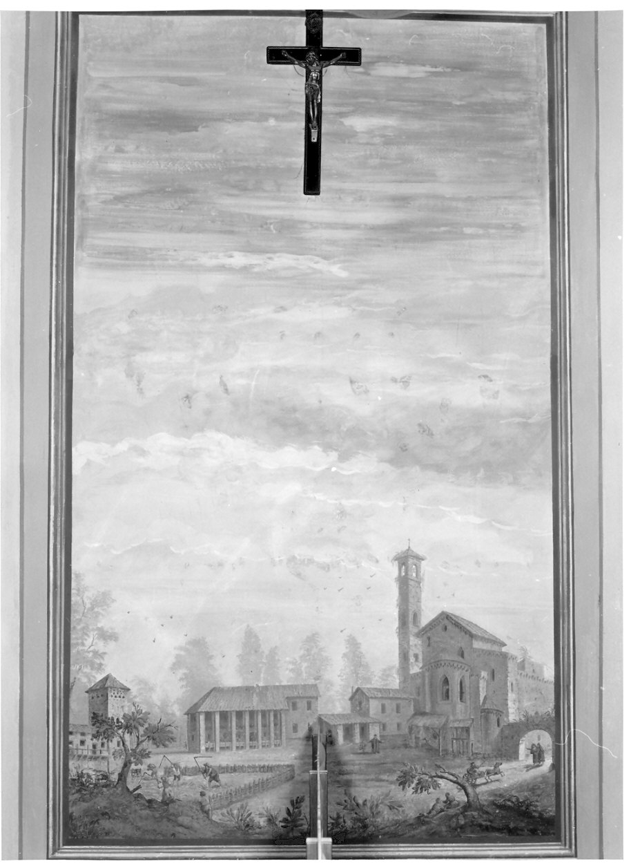 paesaggio con chiesa e cascine (dipinto, opera isolata) - ambito lombardo (sec. XVIII)