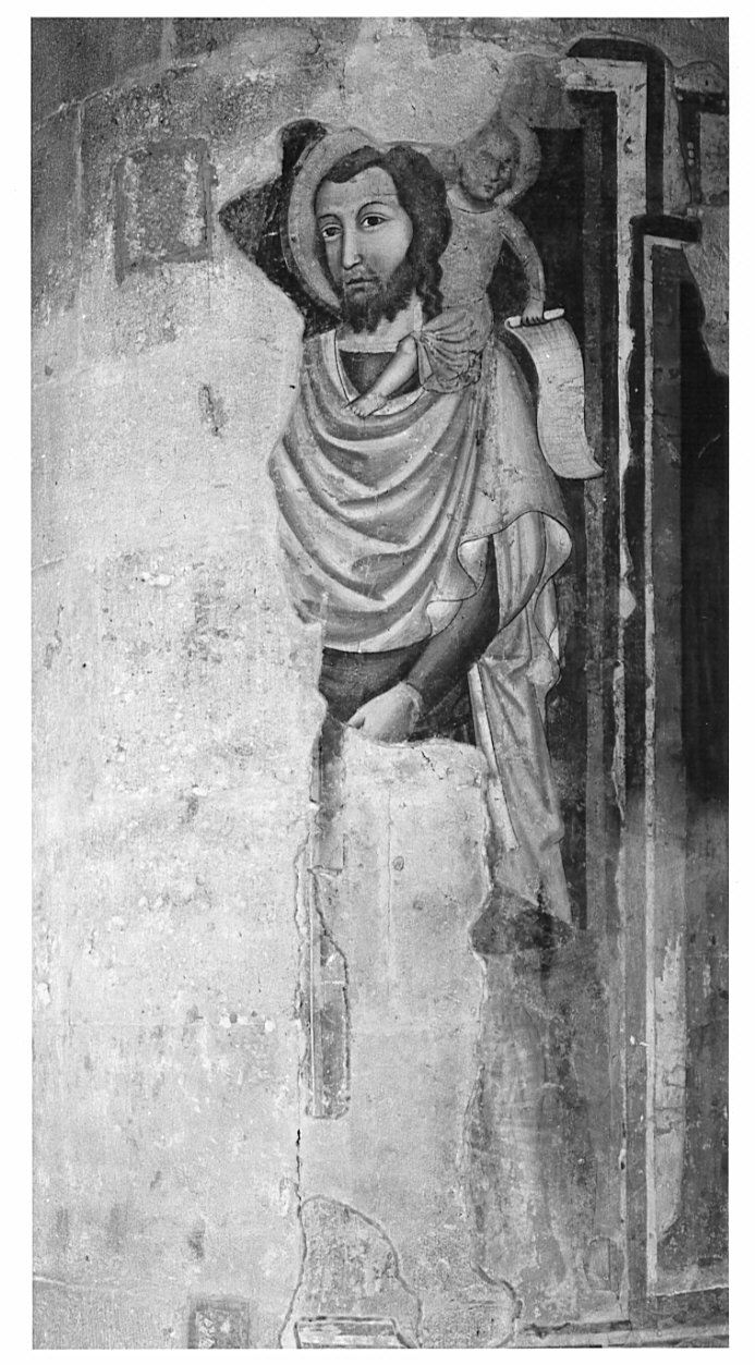 San Cristoforo guada il fiume con Gesù Bambino sulle spalle (dipinto, frammento) - ambito lombardo (seconda metà sec. XIV)