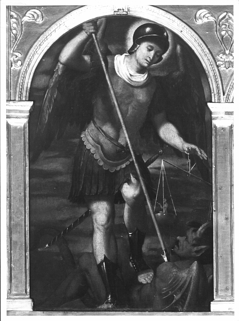 San Michele Arcangelo combatte Satana (scomparto di polittico, elemento d'insieme) di Piazza Callisto, Piazza Cesare, Piazza Scipione (sec. XVI)