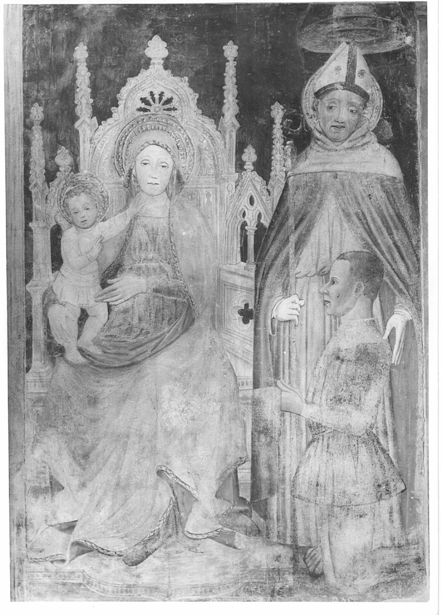 Madonna con Bambino in trono, santo vescovo e offerente (dipinto, opera isolata) - ambito italiano (inizio sec. XV)