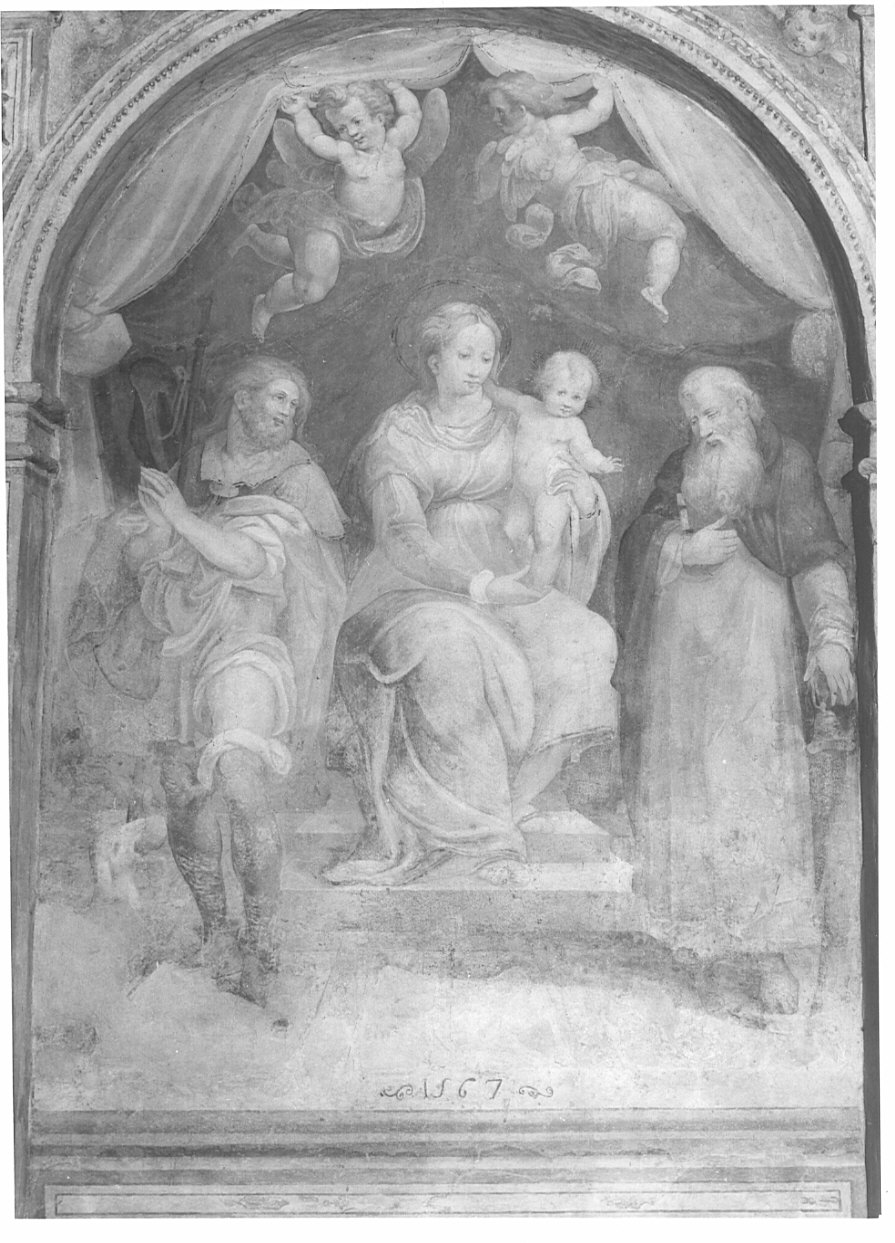 Madonna con Bambino in trono, Sant'Antonio Abate e San Rocco (dipinto, opera isolata) di Campi Bernardino (attribuito) (sec. XVI)