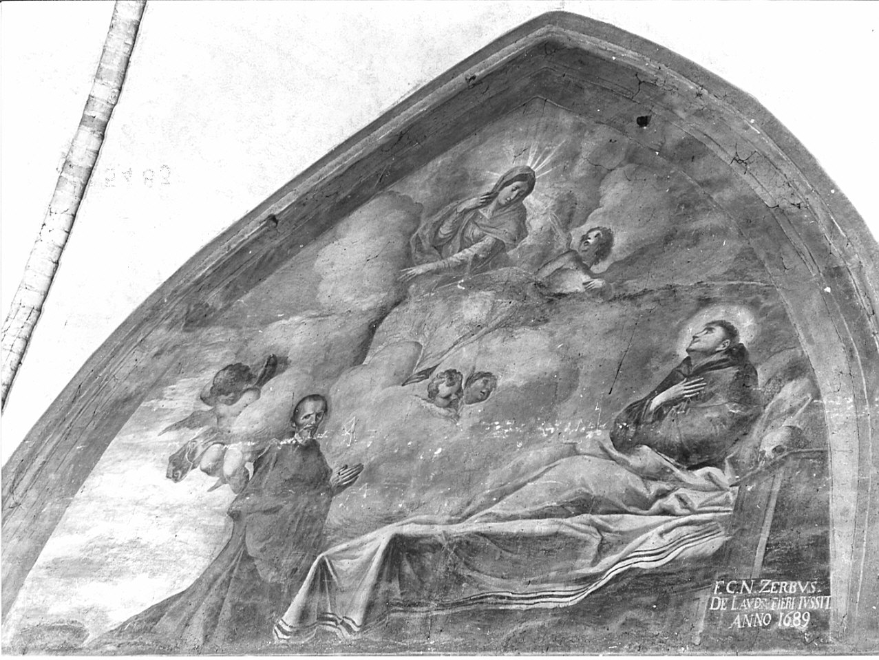 San Nicola da Tolentino, gravemente ammalato, viene guarito col pane che lo esorta a mangiare la Madonna (dipinto, elemento d'insieme) - ambito lombardo (sec. XVII)