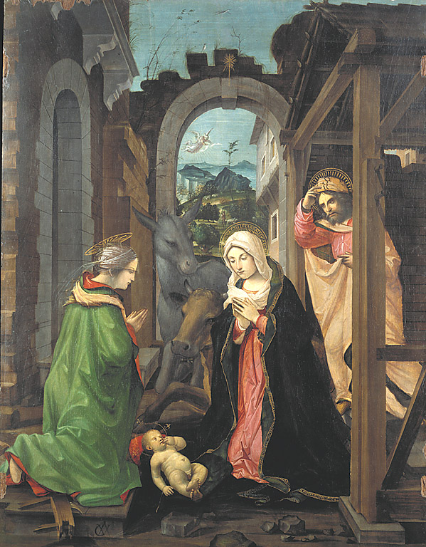 Natività con Santa Caterina, adorazione di Gesù Bambino con la Madonna, San Giuseppe e Santa Caterina (dipinto, opera isolata) di Civerchio Vincenzo (secc. XV/ XVI)