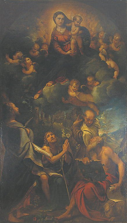 La Madonna con Bambino in gloria con SS. Bartolomeo, Giovanni Battista, Alberto e Gerolamo, Madonna con Bambino in gloria e San Bartolomeo, San Giovanni Battista, Sant'Alberto e San Girolamo (dipinto, opera isolata) di Boccaccino Camillo (sec. XVI)