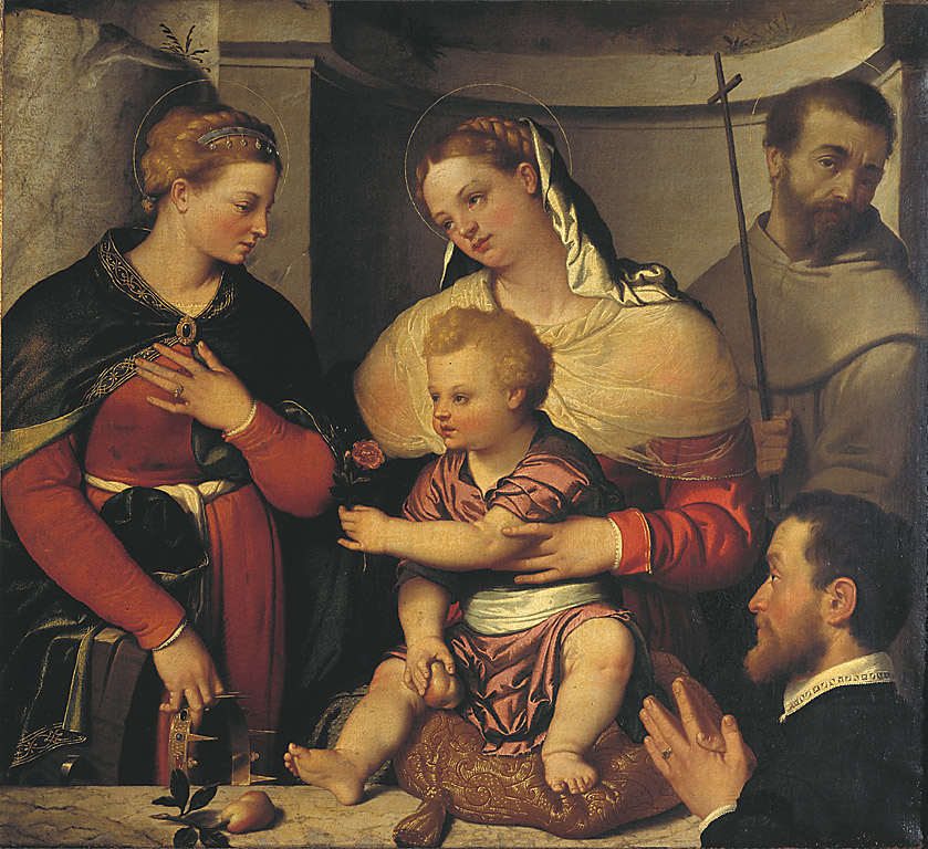 Madonna col Bambino e i Santi Caterina, Francesco e l'offerente, Madonna con Bambino con Santa Caterina, San Francesco e figura maschile che prega (dipinto, opera isolata) di Moroni Giovan Battista (sec. XVI)