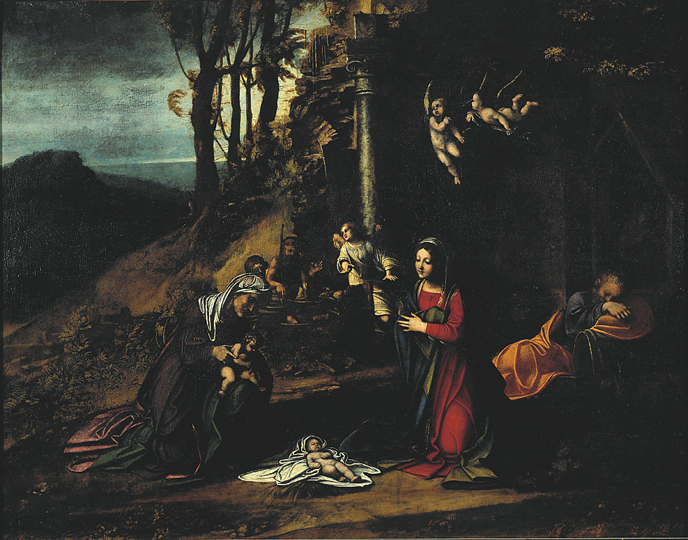 La Natività di Gesù con Santa Elisabetta e San Giovannino, adorazione di Gesù Bambino con la Madonna, San Giuseppe, Santa Elisabettae San Giovanni Battista (dipinto, opera isolata) di Allegri Antonio detto Correggio (sec. XVI)