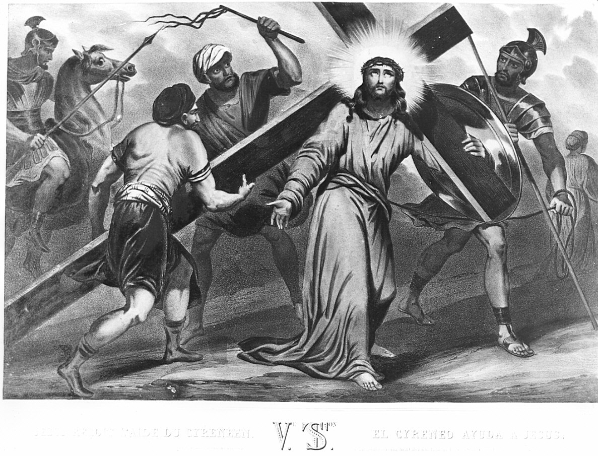 stazione V: Gesù aiutato da Simone il Cireneo a portare la croce (stampa) - ambito europeo (sec. XIX)