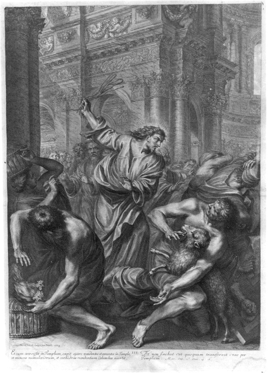Cristo caccia i mercanti dal tempio (stampa, elemento d'insieme) di Huret Gregoire (sec. XVII)