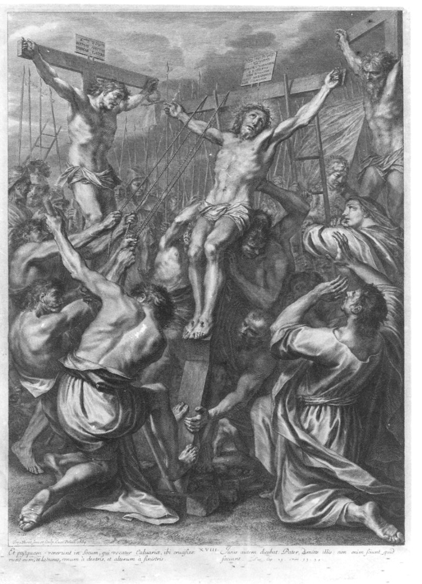 Cristo issato sulla croce (stampa, elemento d'insieme) di Huret Gregoire (sec. XVII)