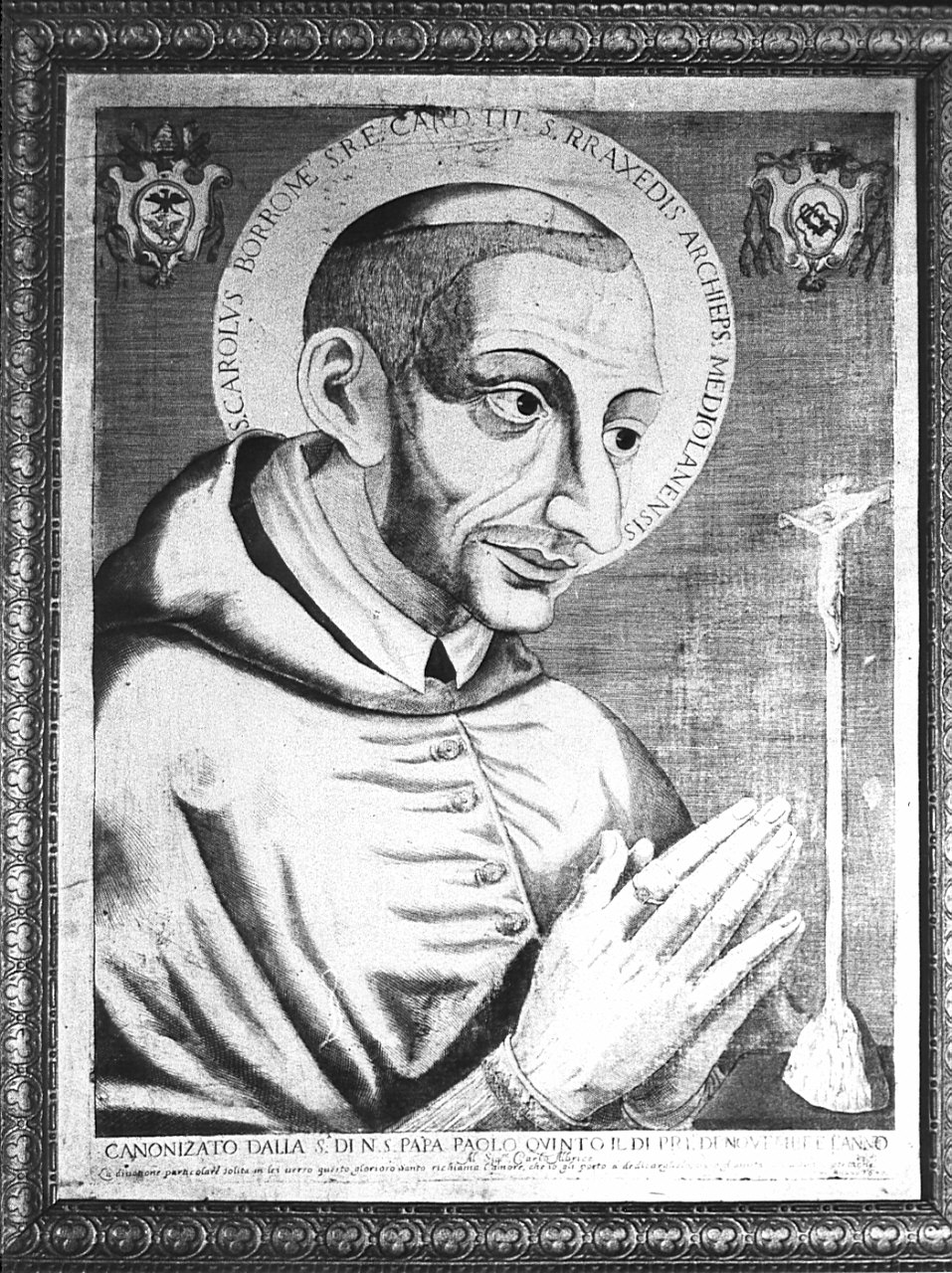 San Carlo Borromeo in adorazione della croce (stampa colorata a mano) - ambito lombardo (sec. XVII)