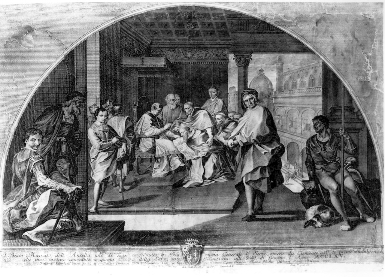 Sette fondatori dell'ordine dei servi di Maria di fronte a Clemente IV (stampa) di Herz Johann Daniel I, Soderini Mauro (sec. XVIII)
