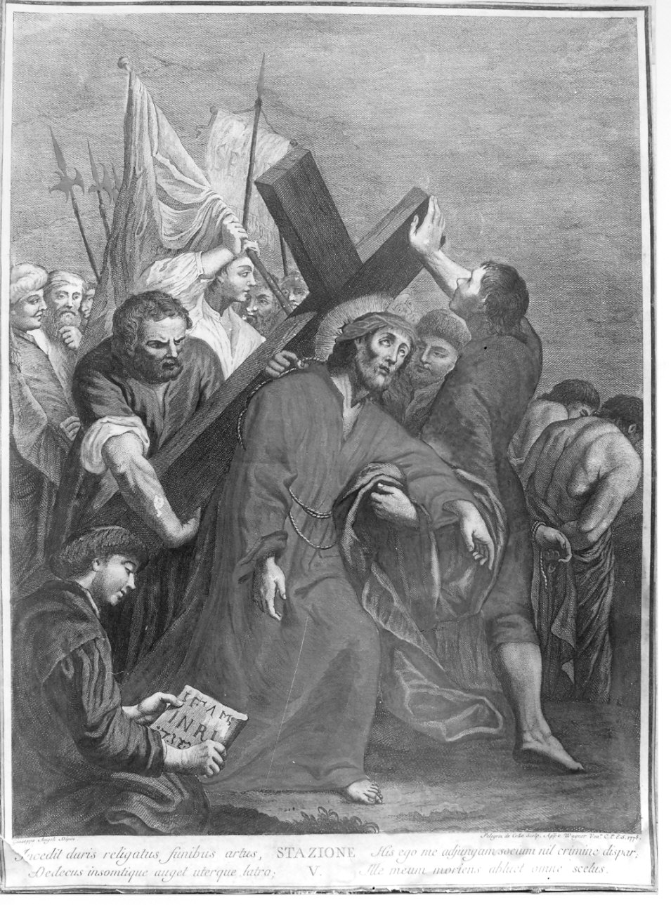 stazione V: Gesù aiutato da Simone il Cireneo a portare la croce (stampa, elemento d'insieme) di Del Colle Pellegrino (sec. XVIII)