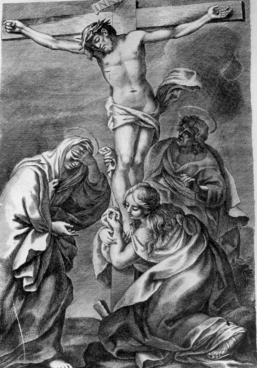 Cristo crocifisso con la Madonna, Santa Maria Maddalena e San Giovanni evangelista (stampa) di De Sirtori Giovanni Battista, Bianchi Gaetano (sec. XVIII)